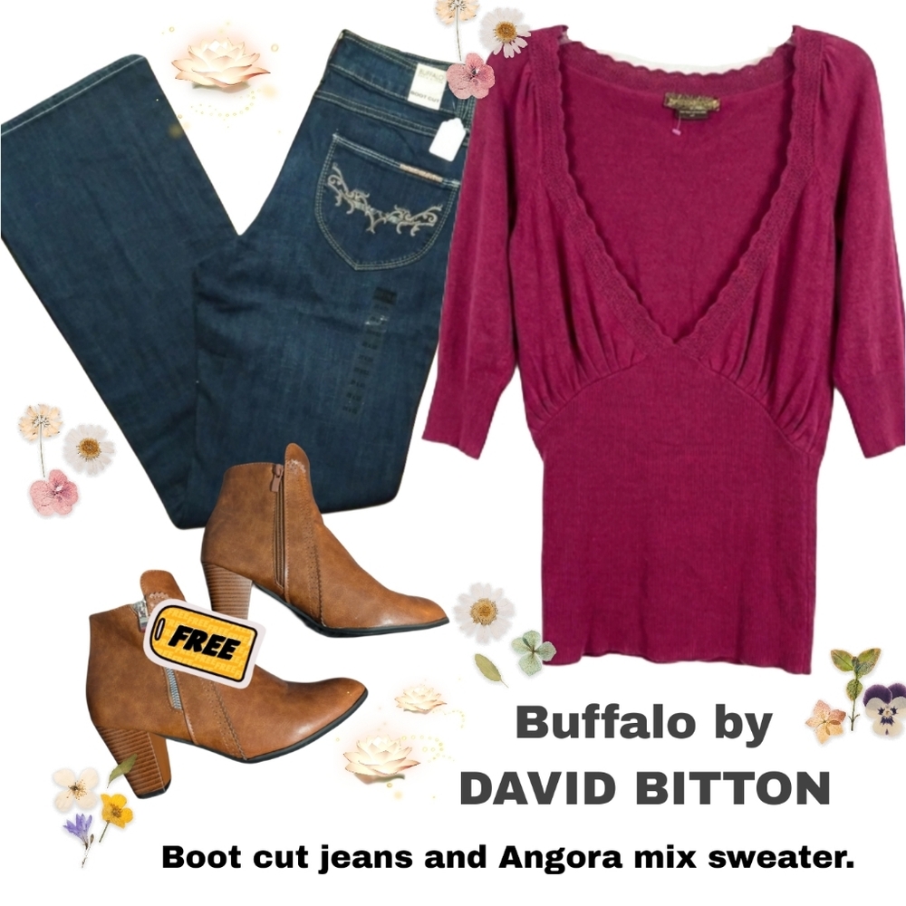 Buffalo David Bitton Bundle: Bootcut Jeans & Angora Mix Sweater With 🆓Boots👢👢